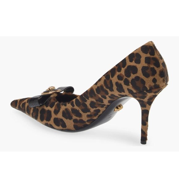 VERSACE Leopard Animal Print Genuine Calf Hair Leather Bow Pointed Toe Pumps - Picture 2 of 7